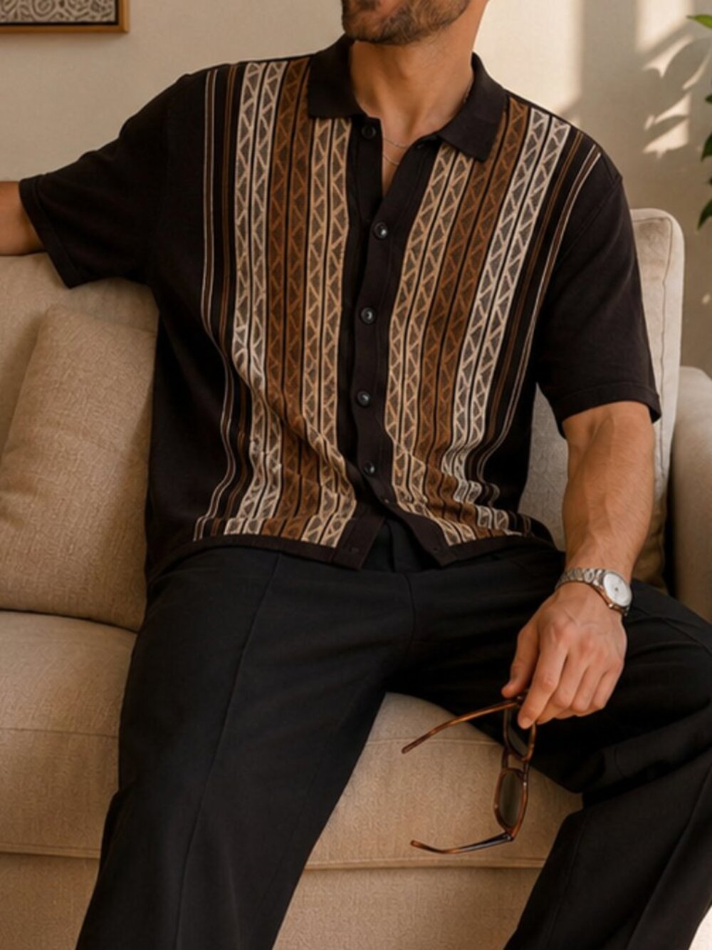 Men's Brown Geometric Knit Button Front Polo Shirt Retro Grandpacore Mod 70s